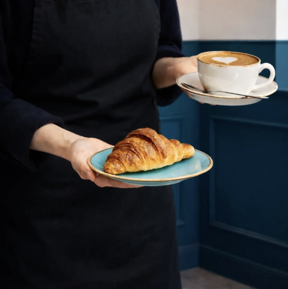 Barista serving croissant and cappuccino